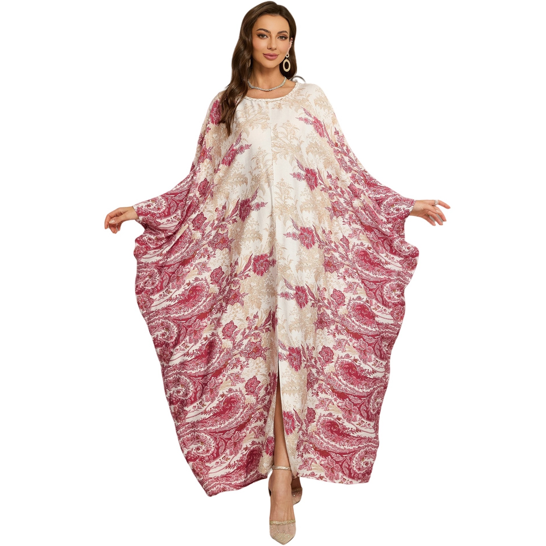 Geometric Pattern Kaftan Maxi Dress with Long Batwing Sleeves for Beach Cover Up